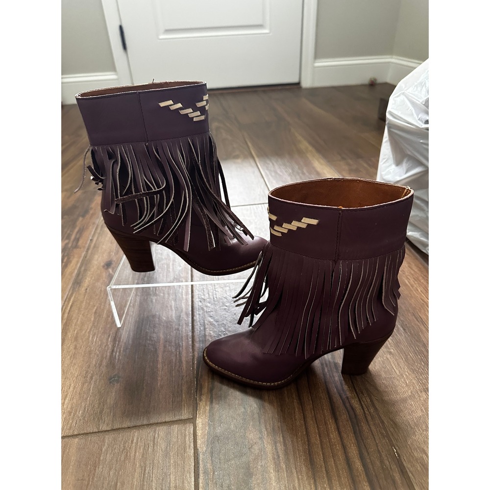 VTG Purple Leather Fringe Western Ankle‎ Boots Stacked Heel Whipstitch Size 6M